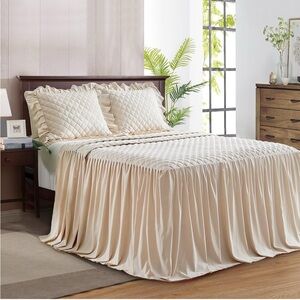 Luxurious Cream Satin Ruffle Skirt Comforter 3 Piece Set 30" Long Drop